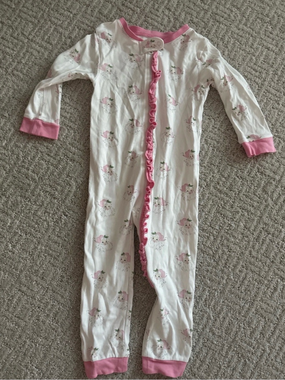 Pink-Trim White Floral Ruffle Front One-Piece Footie Pajamas